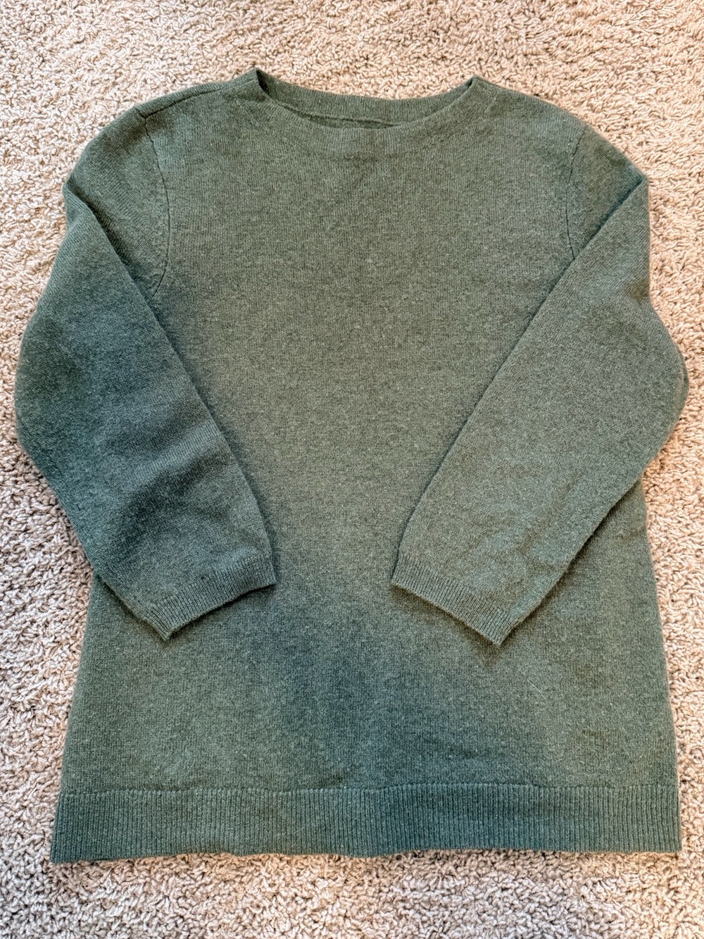 Green 100% Cashmere Crewneck 3/4 Sleeve Sweater